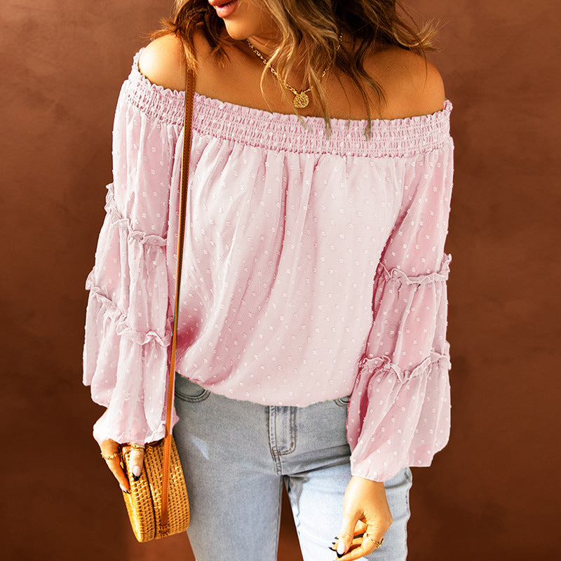 Summer Women's Sexy Off-Shoulder Top with Lace Embellishments and Dot Pattern